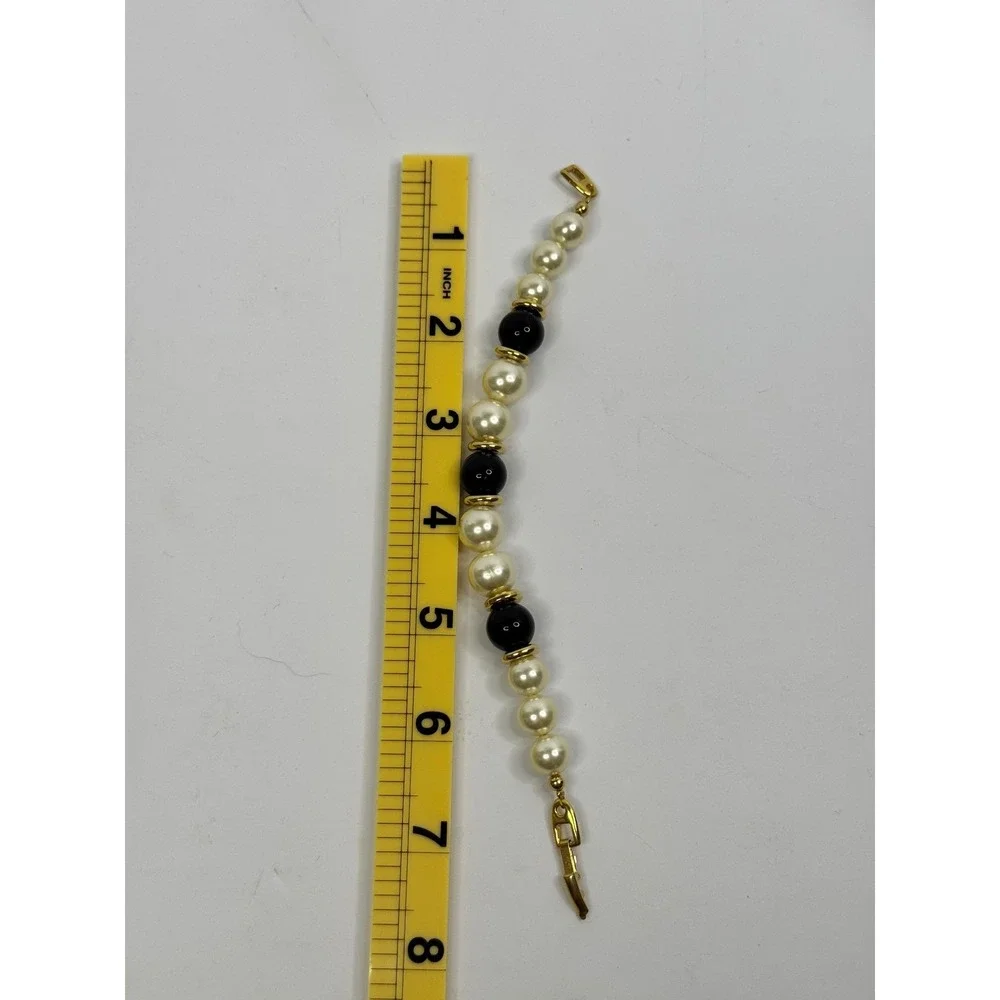 Napier Vintage Faux Pearl Black‎ Bead Bracelet Gold Tone Y2K Chunky Statement